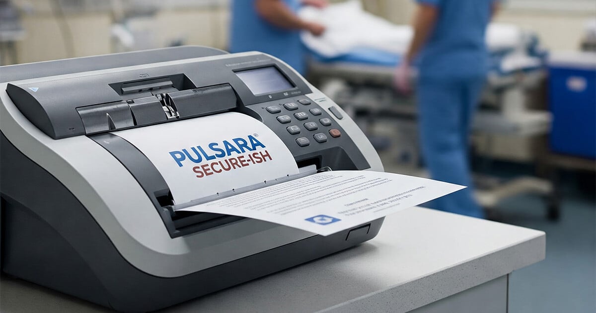 a fax machine announces the new feature pulsara secure-ish