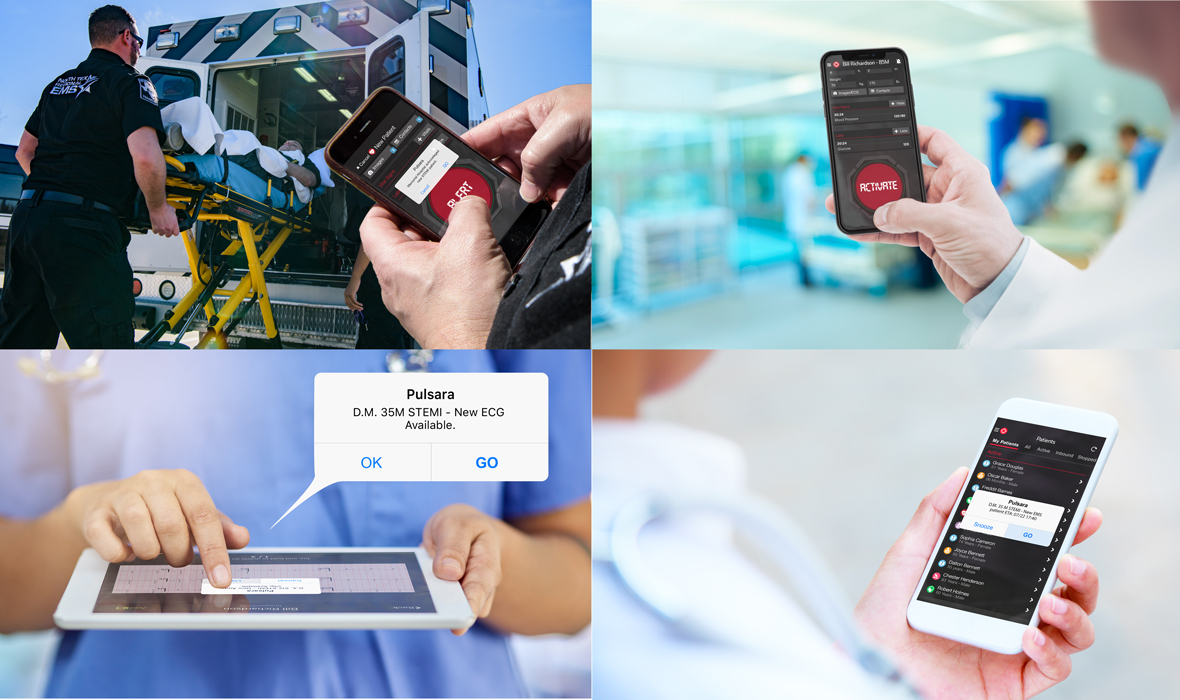 Four members of a connected team use Pulsara to collaborate on a STEMI case
